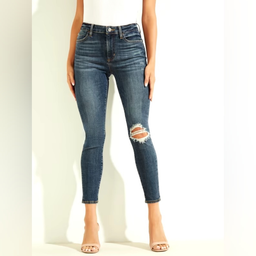 Guess '1981' Destroyed Knee Skinny Jeans High Rise Denim Blue Size 26